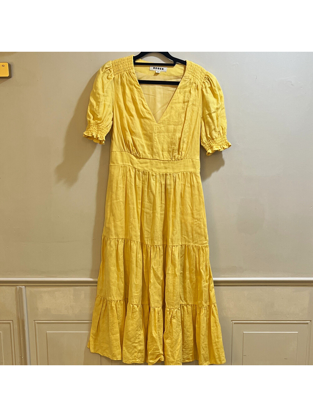 Boden Womens 6 Yellow Solid Linen V-Neck Smocked Puff Short Sleeve Maxi Dress